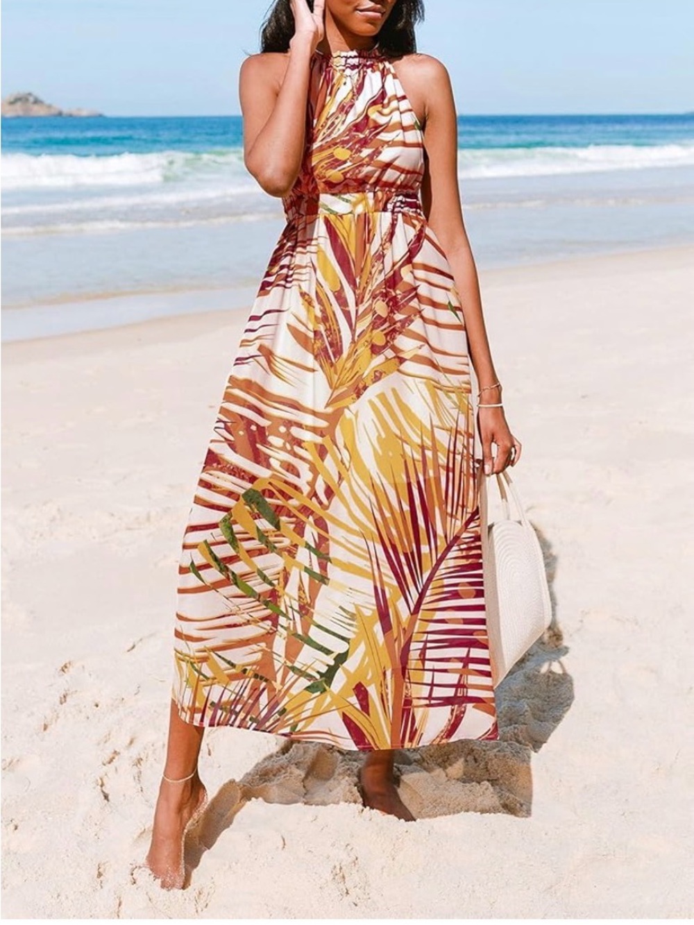 NWT Cupshe Yellow and Brown Halter Sundress Resort Wear Dress Size M